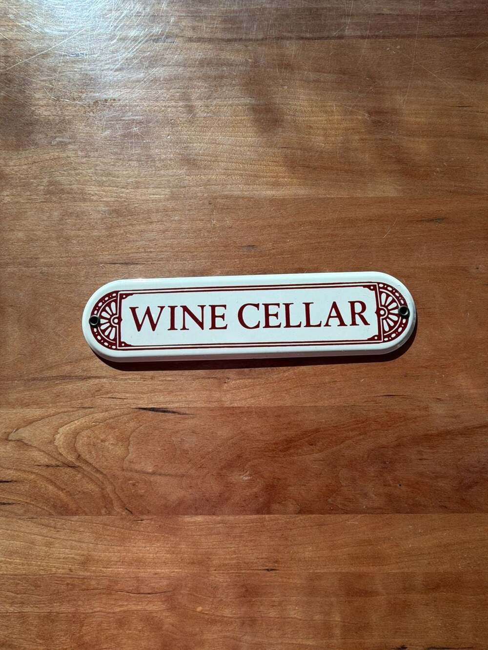 Enamel & Metal Wine Cellar Sign 10" Long - Off White Burgundy Writing